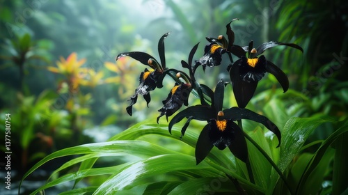 Dark Orchid Blooms in Misty Rainforest