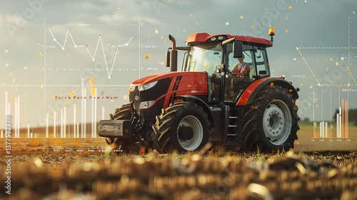 A red tractor stands in a field, surrounded by digital data overlays illustrating agricultural technology advancements.