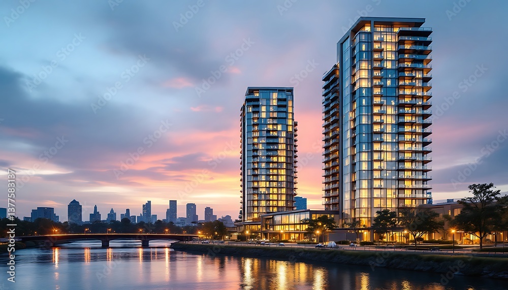 Naklejka premium Modern Cityscape at Sunset Two High Rise Buildings on Riverfront