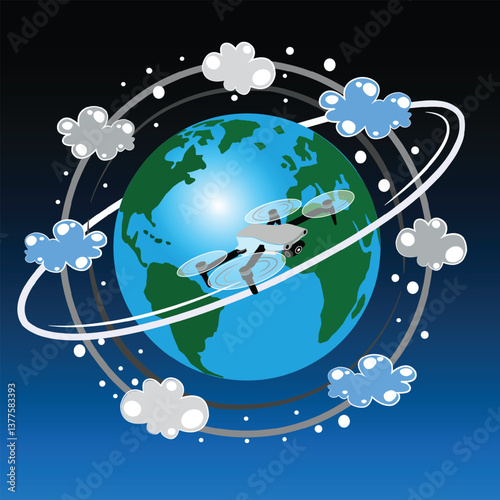 Global drone network .The future of aerial technology. A futuristic illustration showcasing a drone flying around the Earth, symbolizing global connectivity, technology, and aerial innovation.