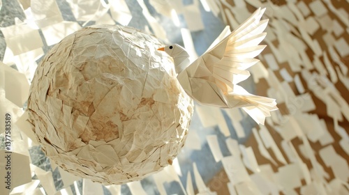 Paper dove, crumpled sphere, amidst paper