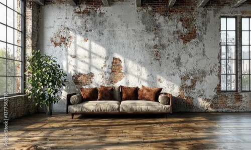 A modern loft interior features a sofa, plant, windows, and distressed brick and whitewashed walls.