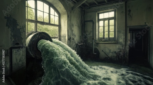 Abandoned Factory, Water Discharge, Sunlight Through Windows