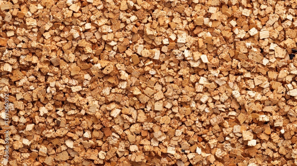 Close-up of cork surface with intricate patterns and a pile of crushed wood chips on a textured background Close-up of cork surface with intricate patterns and a pile of crushed wood chips on a textured background