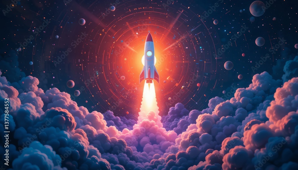 Colorful Spacecraft Ascending Through Cloudy Sky Colorful Spacecraft Ascending Through Cloudy Sky