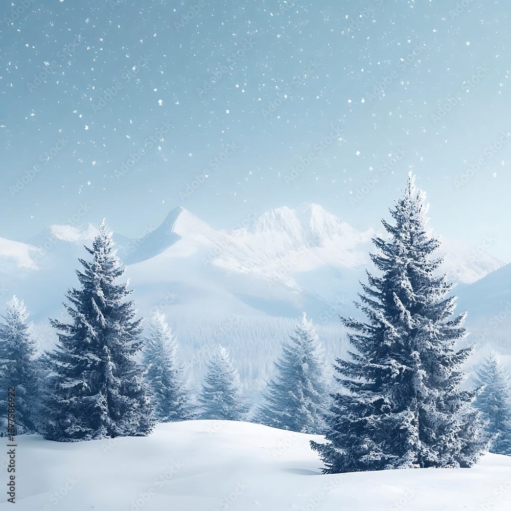Fototapeta premium Snow covered trees with distant mountains in winter landscape image