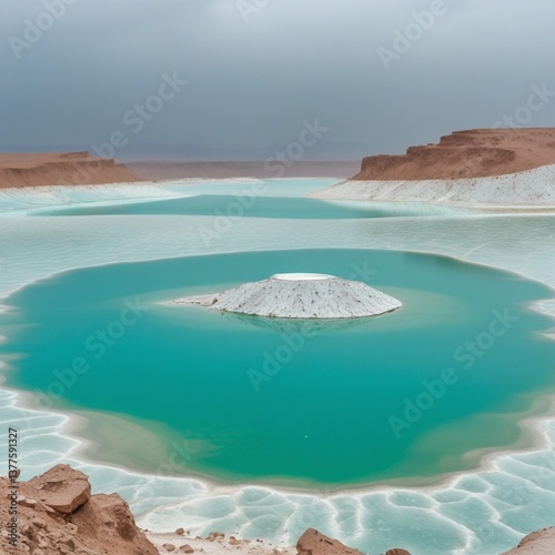 The photograph captures the stunning turquoise Lake Abbe in Chad, surrounded by white mineral-rich deposits and a small island, with an overcast sky.