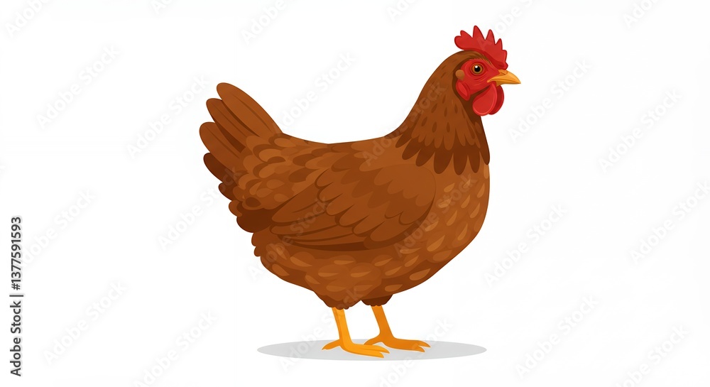 Fototapeta premium Illustrated Brown Hen Standing Isolated on White Background - Poultry Farming