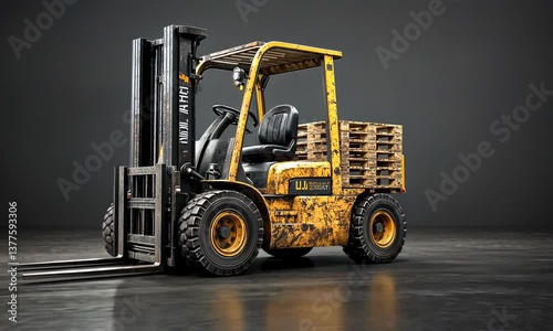 A weathered yellow forklift truck with a wooden pallet on a reflective dark surface.