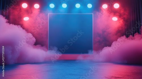 Stage with blue and pink lights featuring anime-style floating stage above clouds at a magical concert event