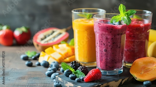 Fresh milk, strawberries, blueberries and banana drinks on a wooden table, a variety of protein shakes with fresh fruits.