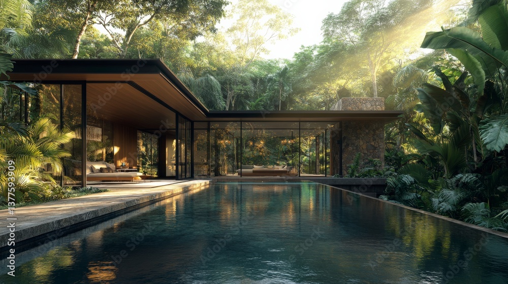 Obraz premium Modern Tropical Home with Infinity Pool and Lush Greenery