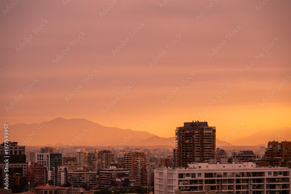 Fototapeta premium Beautiful view to sunset and buildings in Santiago, Chile