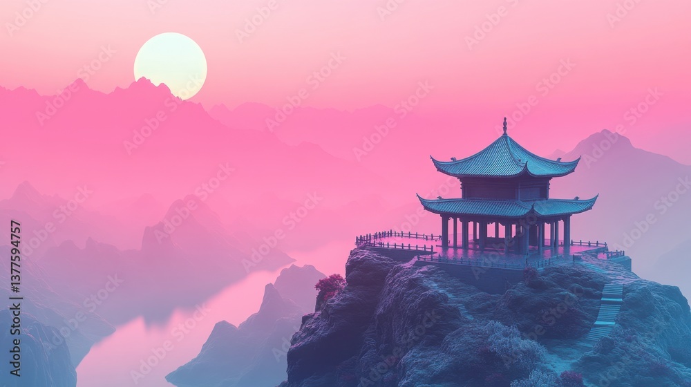 Pagoda on mountain cliff with ancient temple against pink sunrise sky Pagoda on mountain cliff with ancient temple against pink sunrise sky