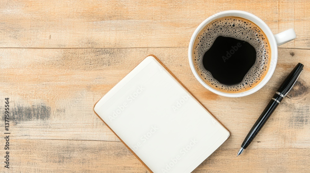 Blank Notebook Coffee Pen Wooden Desk Overhead View Blank Notebook Coffee Pen Wooden Desk Overhead View