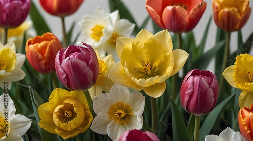 Colorful tulips and daffodils blooming in a garden setting on a soft, white paper background with gentle sunlight filtering through leaves, colorful blooms, spring blossoms. generative.ai