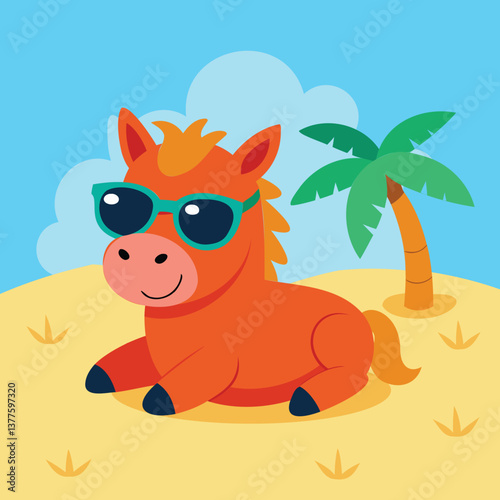 horse with glass chill enjoying beach
