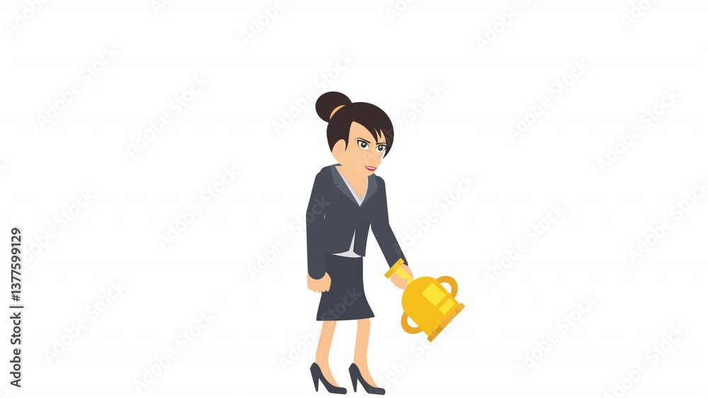 Business woman with a winner cup. Animation female winner, alpha channel. Cartoon. Business woman with a winner cup. Animation female winner, alpha channel. Cartoon.