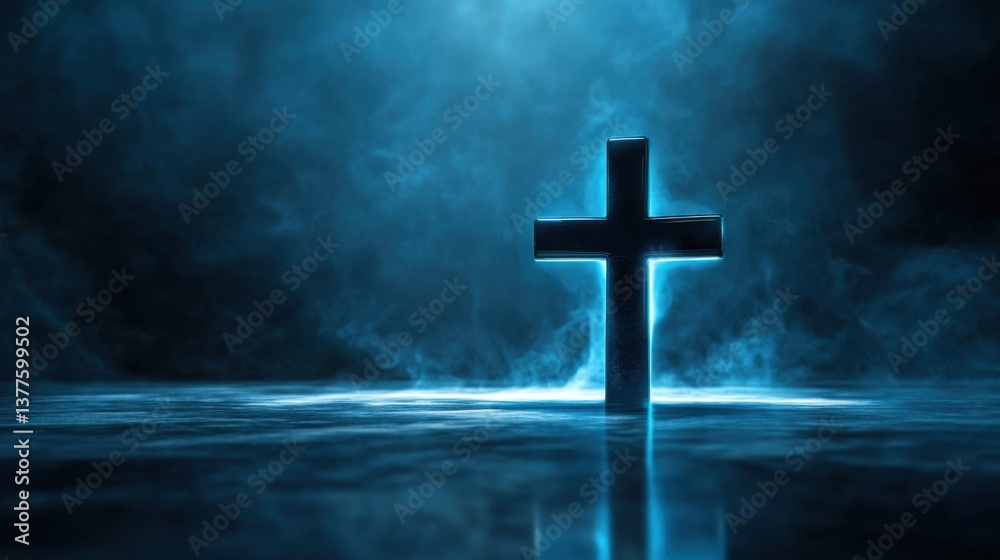 Illuminated Cross with Blue Light on Reflective Surface