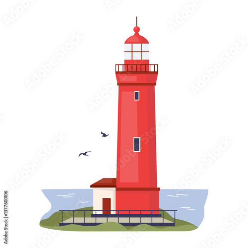 Red lighthouse with small house and sea coast Marine seaside architecture. Symbol of coastal safety, design element. Construction nautical tower with observation point and signals. Vector illustration