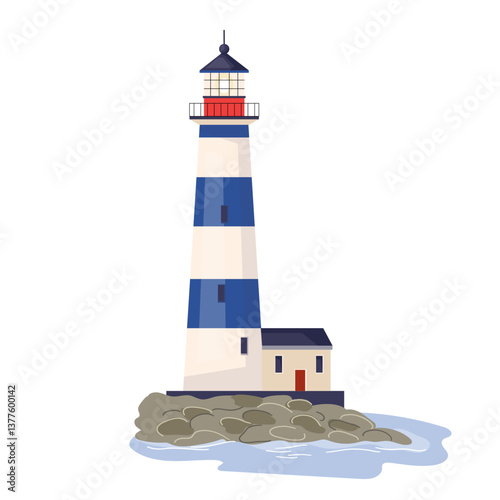 Lighthouse with ocean beach rocks Nautical navigation tower with blue white stripes and beacon lights helping ships to navigate. Marine seaside architecture design element Flat vector illustration