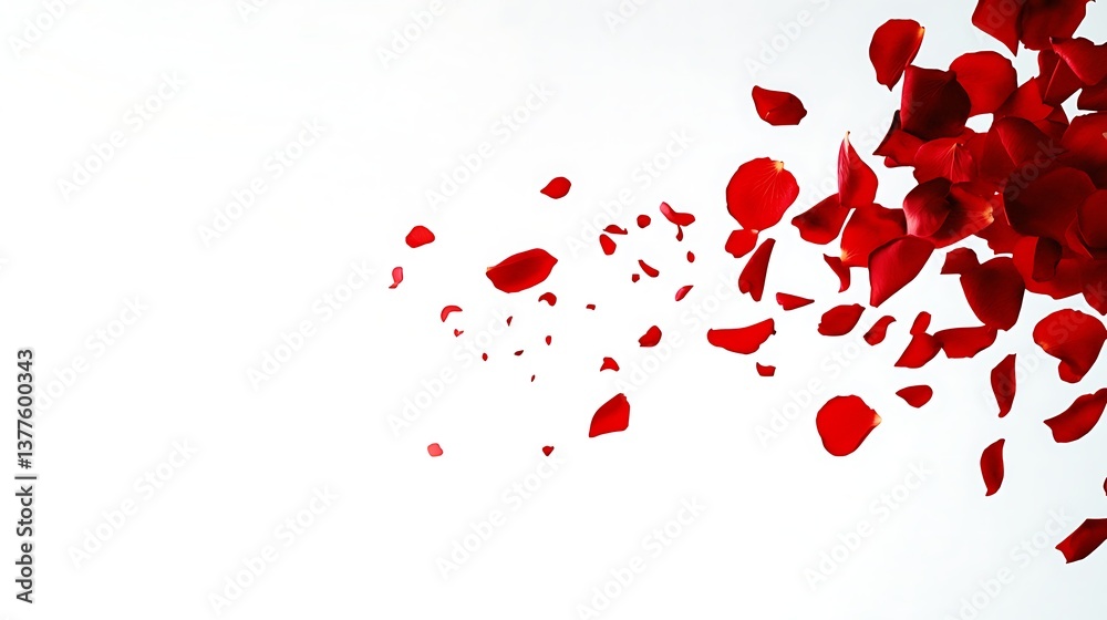 Many red flower petals floating and scattered on a bright background
