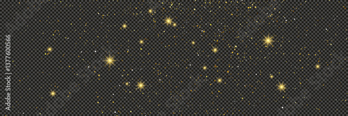 Gold glittering dust with stars on transparent backdrop