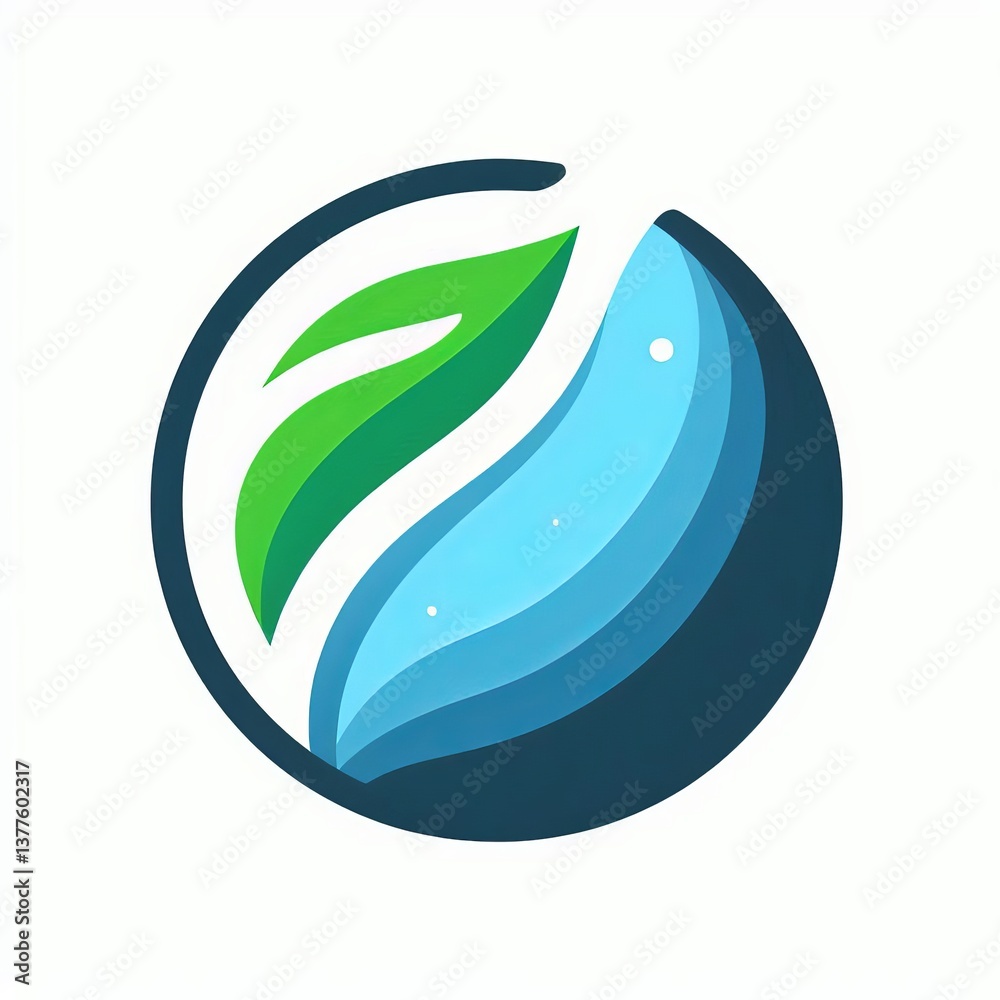 Fototapeta premium Minimalist Earth Day logo: Simple, clean icon combining a green stylized leaf merging smoothly into a blue semi-circle representing Earth. Flat design, vector style icon, isolated on white background
