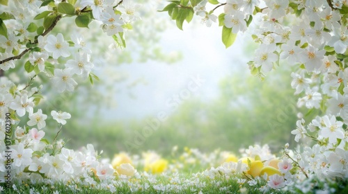 Bunch of white flowers with green leaves against a blurred background in natural lighting