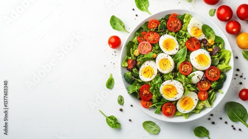 Bowl of fresh salad featuring eggs tomatoes and spinach arranged neatly for a healthy meal