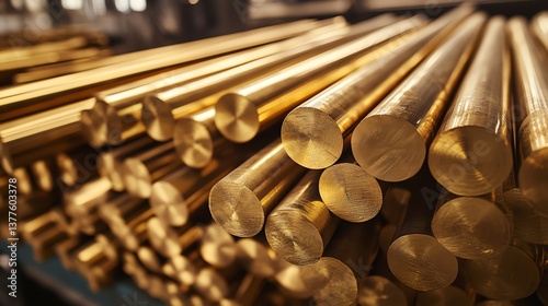The brass rods are stacked in the warehouse ready for