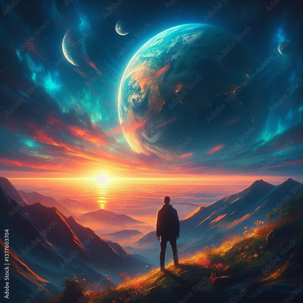 Inspirational Earth Day card: Silhouette of a person standing on a hill looking at a vibrant sunrise over planet Earth visible on the horizon Inspirational Earth Day card: Silhouette of a person standing on a hill looking at a vibrant sunrise over planet Earth visible on the horizon