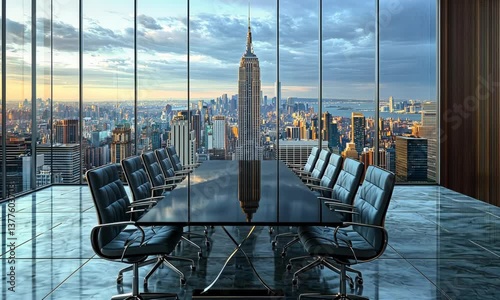 A modern boardroom with a panoramic window showcasing the New York City skyline at dusk.