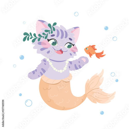Little mermaid cat with fish. Cute underwater characters. Sweet kitten mermaid in pearl beads. Friendship under water. Vector illustration