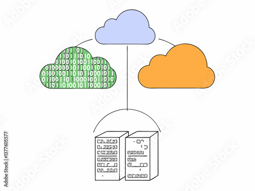 Cloud computing network with servers and cityscape illustration