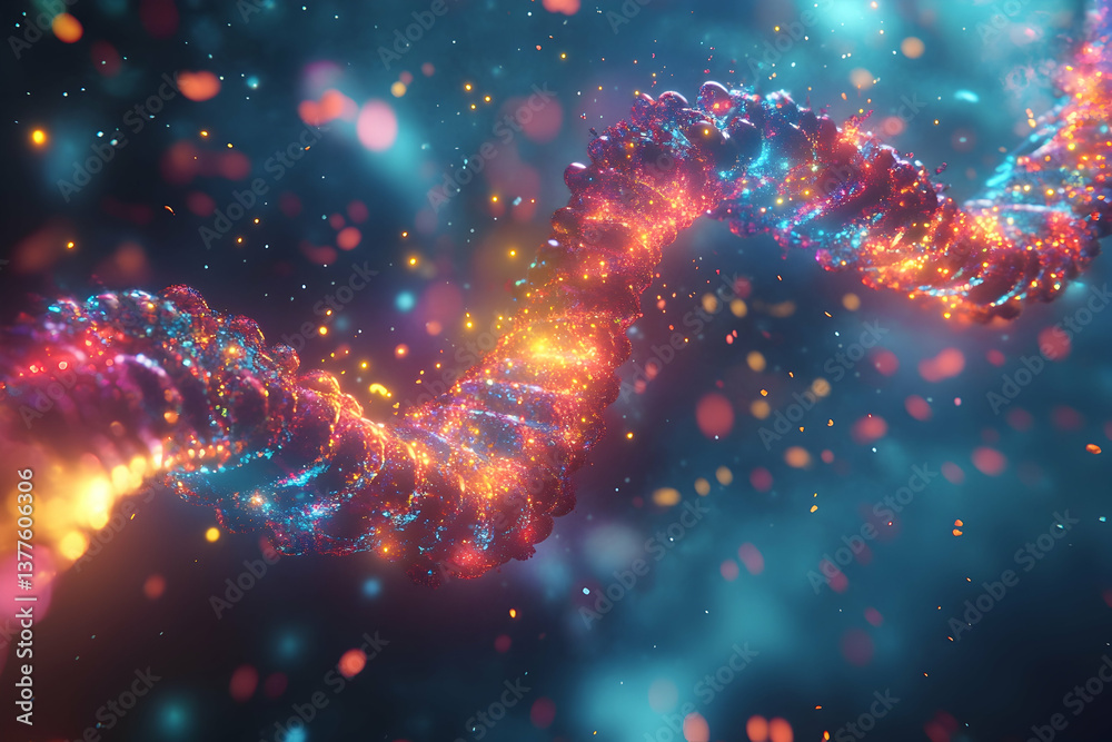 Glowing dna strand with colorful particles around it Glowing dna strand with colorful particles around it