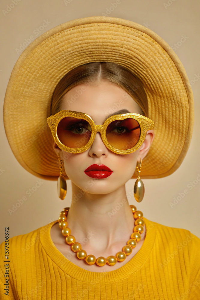 Fototapeta premium A bold fashion portrait featuring giant sunglasses, hats, or jewelry for a surreal effect