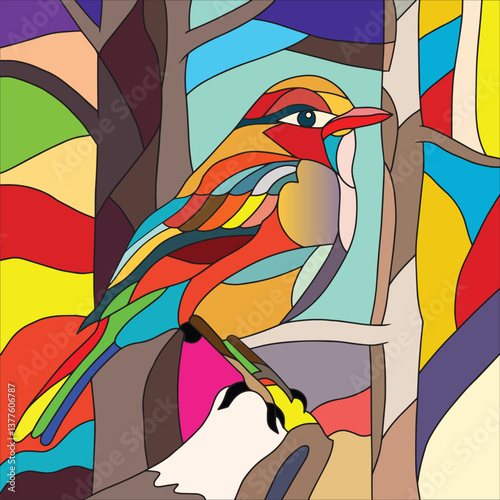 Art & Illustration, coloring page of bird,color gradation with mozaik style