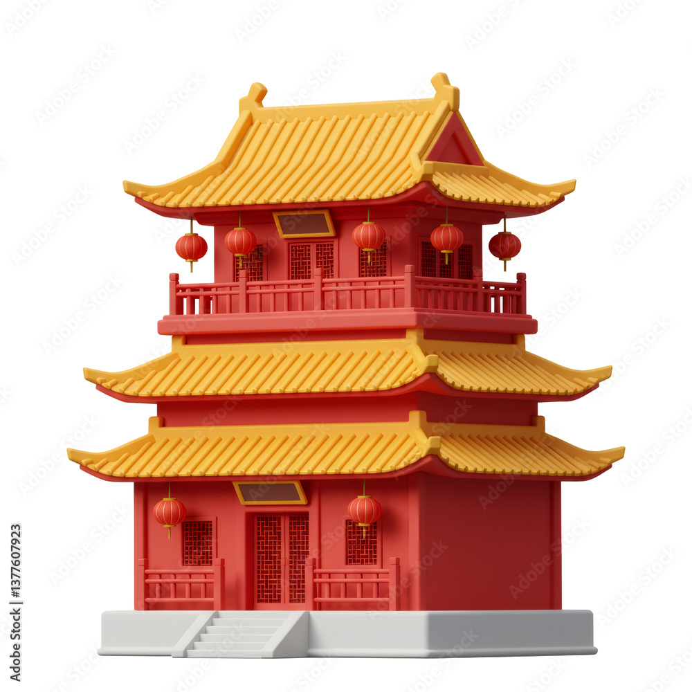Three Story Red And Yellow Chinese Pagoda 3D Render Three Story Red And Yellow Chinese Pagoda 3D Render