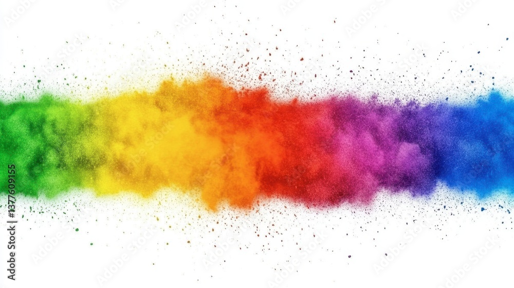 Obraz premium Rainbow colored powder explosion on a white background creating a vibrant abstract artistic design