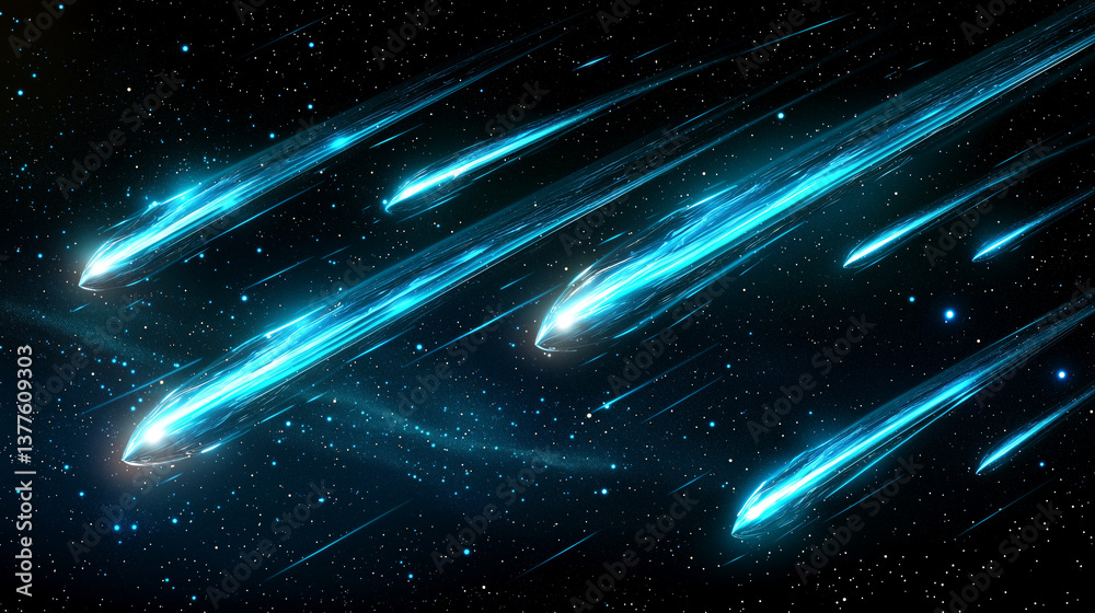 Fototapeta premium Bright Blue Comets Gliding Through Starry Night Sky in Space