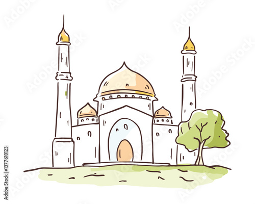 A captivating watercolor illustration of a mosque, representing faith and culture.