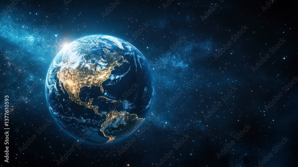 Obraz premium Aerial view of earth from outer space showcasing the planets surface and atmosphere