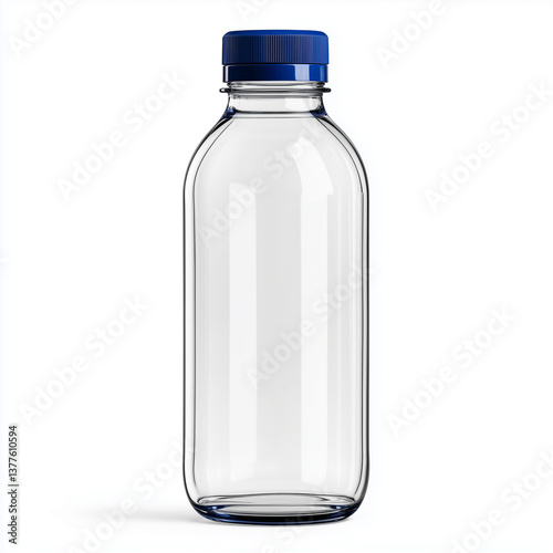 clear pet juice bottle with blue lid, 16 oz square milkman style, isolated on white, ideal for beverage packaging mockups and product displays