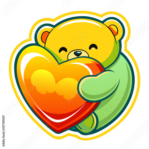 Cute teddy bear hugging a big heart with love
