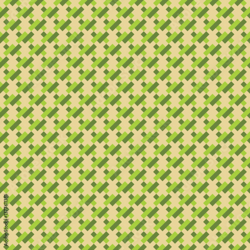 geometric pattern features repeating green crosses with yellow diamond shapes nestled between them, creating a symmetrical and visually engaging design