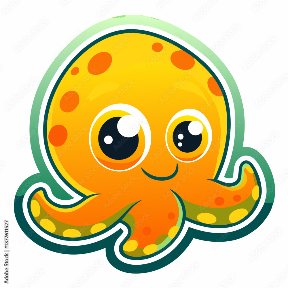 Fototapeta premium Cute octopus sticker with a happy expression and blue waves