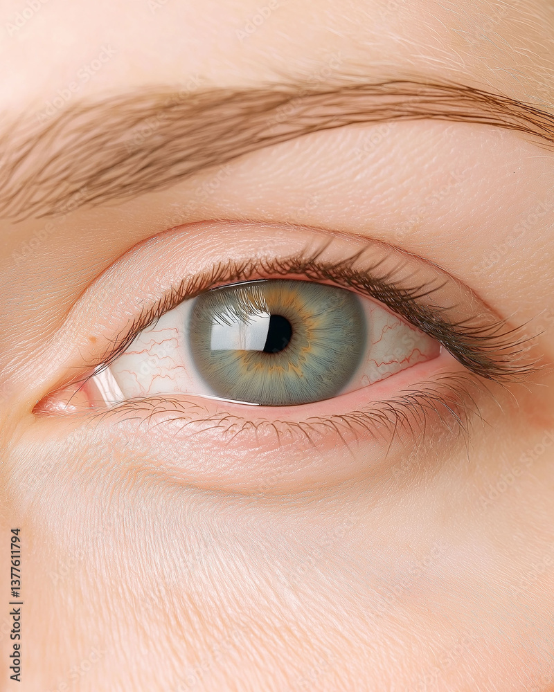 Fototapeta premium Asthenopia symptom eye headache. Strain pain. Blurry reading. Fatigue monitor. Close-up of tired eyes showing redness and fatigue in a stock photo.
