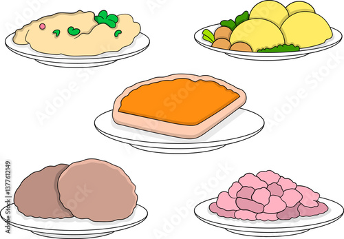 Cartoon Food Illustration Set of Traditional Dishes Served on White Plates