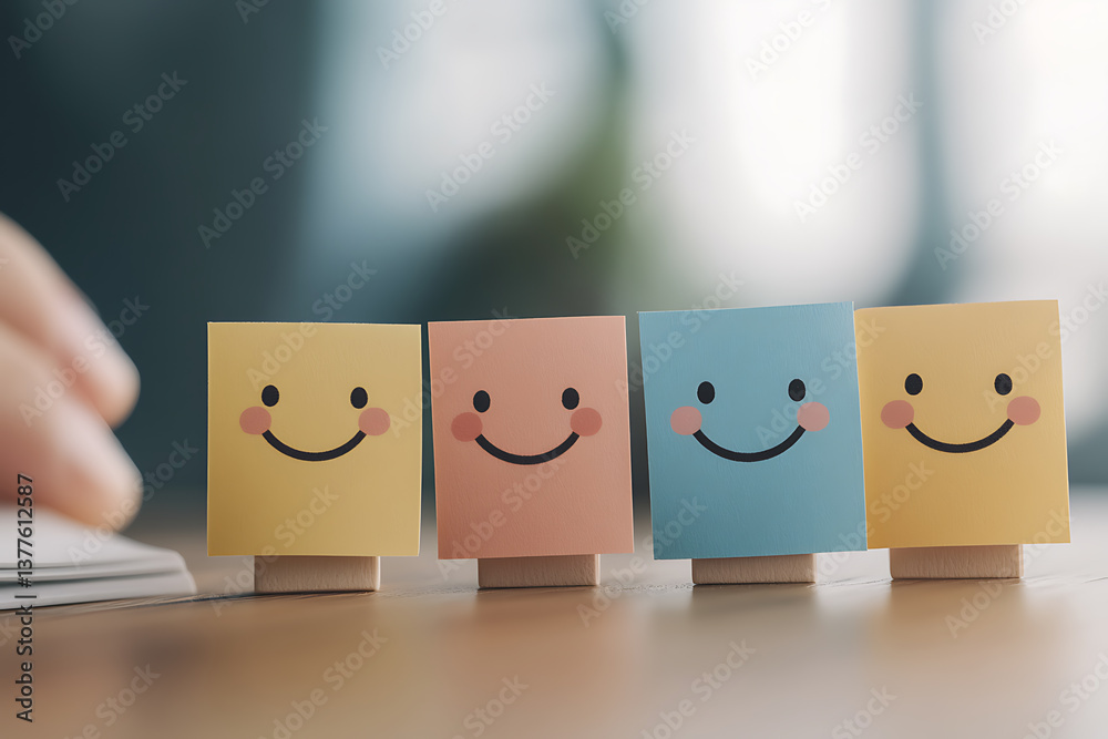 Obraz premium Colorful smiley faces on wooden blocks create a cheerful and positive vibe. Great for mood-boosting content. Smiling faces symbolize happiness and satisfaction